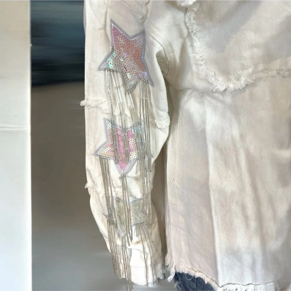 BLUE VELVET off white denim sequin and bead fringe detail Shacket/top size S M L - Picture 8 of 10
